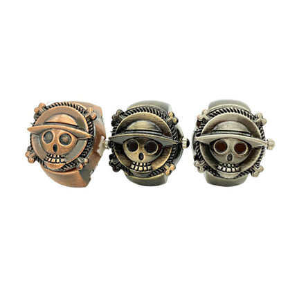 One Piece Straw Hat Pirates Skull Ring, Vintage Antique Metal Anime Ring, Adjustable Cosplay Statement Ring, Luffy Jolly Roger Symbol Jewelry, Collectible Anime Gift for One Piece Fans