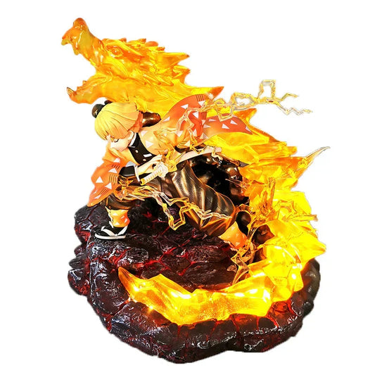 Demon Slayer Zenitsu Agatsuma Figure, Zenitsu Thunder Breathing Battle Statue with LED Light Dragon Effect Base, Anime Collectible Figurine, Desktop Display Model Toy, Gift for Demon Slayer Fans