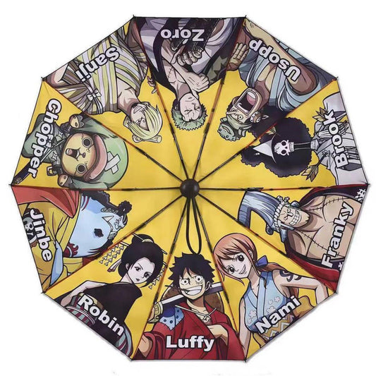One Piece Anime Folding Umbrella, Luffy Zoro Nami Chopper Crew Print Auto Open Close Compact Travel Umbrella, UV Protection Rainproof Portable Windproof Umbrella Gift for One Piece Anime Fans