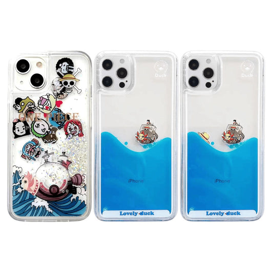 One Piece Anime Liquid Floating Phone Case for iPhone, Thousand Sunny Moving 3D Pirate Ship Clear Quicksand Case, Luffy Crew Characters Transparent Shockproof Protective Cover, Anime Fan Cute Phone Shell Gift