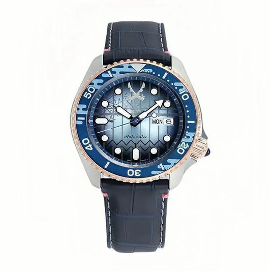 Demon Slayer Inosuke Hashibira Wrist Watch, Vintage Diver Style Analog Quartz Watch for Men, Blue Gradient Dial Rotating Bezel Watch, Luminous Hands Date Display Crocodile Texture Leather Strap Watch, Anime Collectible Gift for Demon Slayer Fans