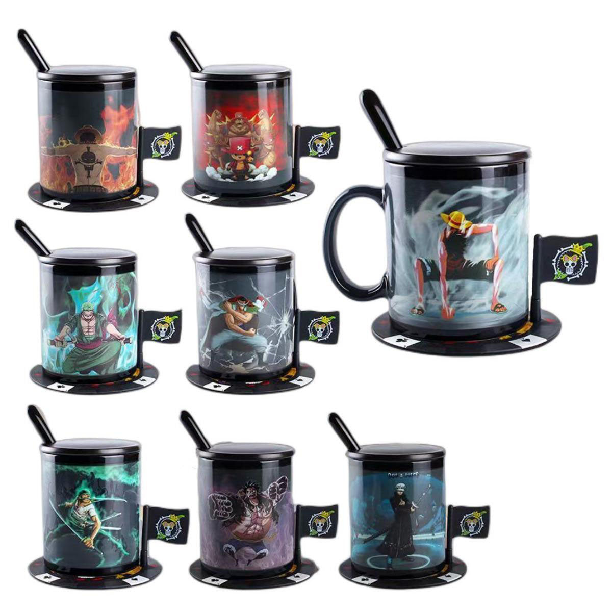 One Piece Heat Changing Magic Mug Set with Lid Spoon Coaster, Anime Luffy Zoro Ace Chopper Law Newgate Heat Sensitive Ceramic Coffee Cup, 11oz Color Changing Tea Mug, Hot Water Activated Cup, One Piece Fan Gift Box