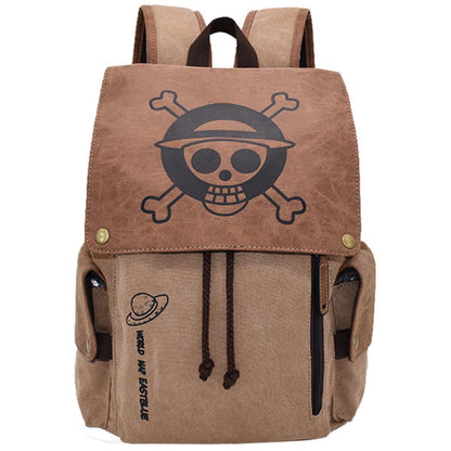 One Piece Straw Hat Pirates Skull Logo Canvas Backpack, Vintage Anime Flap Drawstring Rucksack, Large Capacity School Laptop Bookbag, Casual Travel Daypack, Anime Collectible Gift for One Piece Fans