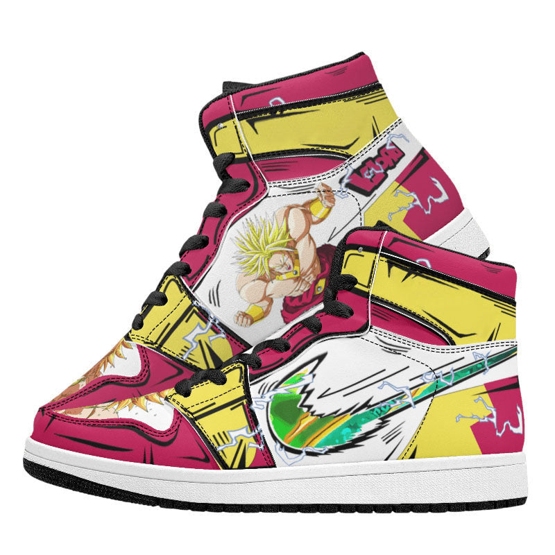 Dragon Ball Broly Anime High Top Sneakers, Fuchsia Yellow White Custom Print Streetwear Shoes, Men Women Casual Fashion Sneakers, Anime Fan Collectible Footwear Gift