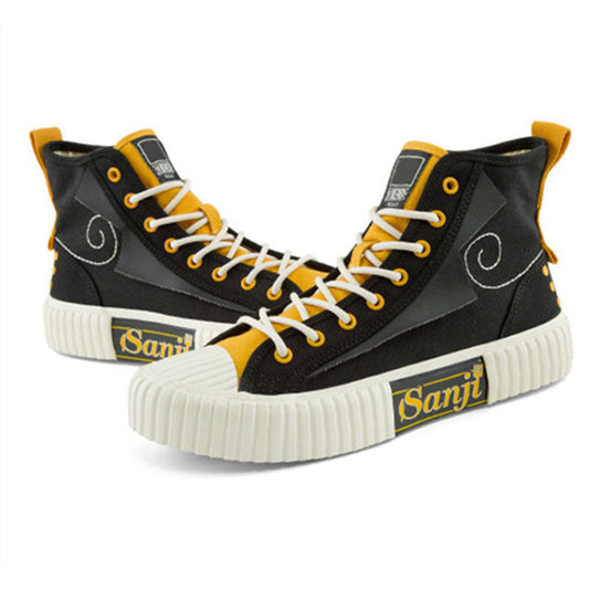 One Piece Sanji High Top Canvas Sneakers, Unisex Lace-Up Thick Cookie Ribbed Sole Skate Shoes, Black Yellow Anime Embroidery Casual Footwear, One Piece Anime Streetwear Sneakers, Anime Fan Collectible Gift