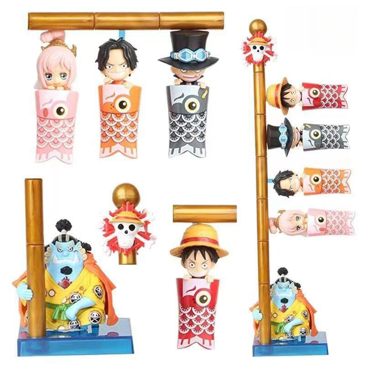 One Piece Carp Streamer Mini Figure, WCF Luffy Ace Sabo Jinbe Shirahoshi Anime Statue, Cute Koinobori Character Figurine Collectible Model Toy, Desk Decoration Gift for One Piece Fans