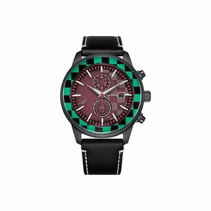 Demon Slayer Tanjiro Wrist Watch, Anime Tanjiro Checkerboard Dial Quartz Watch, Leather Strap Chronograph Wristwatch, Collectible Analog Watch Gift for Demon Slayer Fans