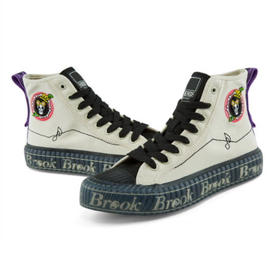 One Piece Brook High Top Canvas Sneakers, Unisex Lace-Up Thick Ribbed Cookie Sole Skate Shoes, Cream White Anime Embroidery Casual Footwear, One Piece Anime Streetwear Sneakers, Anime Fan Collectible Gift