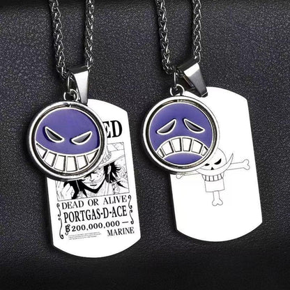 One Piece Portgas D. Ace Rotatable Pendant Necklace, Stainless Steel Dog Tag Wanted Poster Necklace Anime Jewelry Gift For Collection Fans