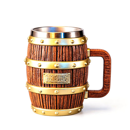 One Piece Barrel Mug, Pirate Wooden Barrel Style Beer Tankard, 304 Stainless Steel Liner Resin Cup with Handle, One Piece Anime Collectible Coffee Tea Mug Gift for Fans