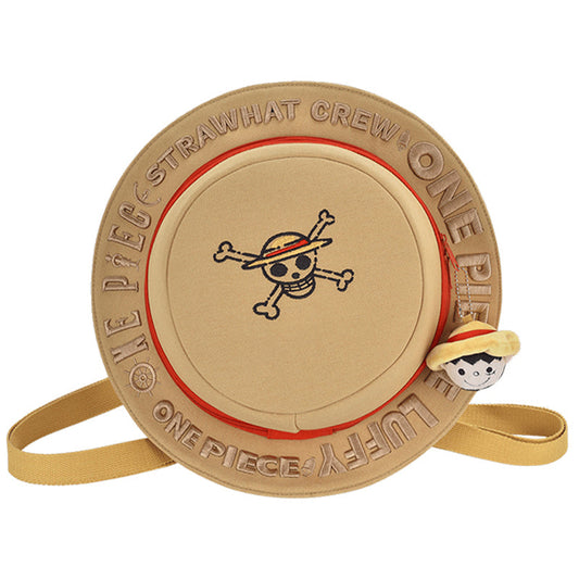 One Piece Luffy Straw Hat Shaped Backpack, 3D Straw Hat Crew Skull Embroidered Crossbody Bag, Cute Mini Shoulder Bag with Luffy Plush Charm, Anime Cosplay Collectible Gift for One Piece Fans