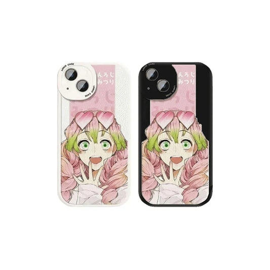Demon Slayer Mitsuri Kanroji Anime Phone Case, Love Hashira Pink Cartoon Print Sheepskin Texture Soft Shockproof Protective Phone Cover, Cute Anime Phone Shell for iPhone, Kimetsu no Yaiba Merch Gift for Fans