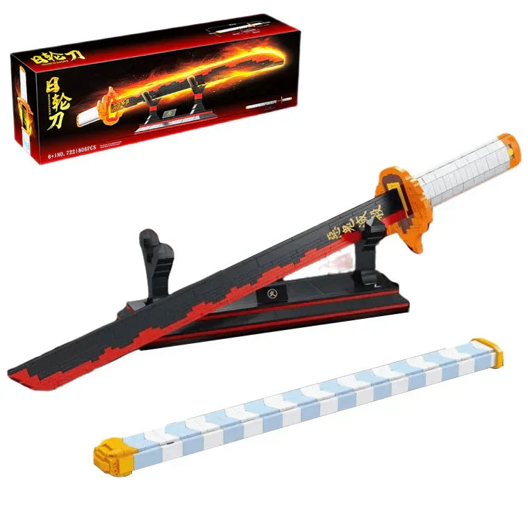 Demon Slayer Nichirin Sword Building Block Set, Rengoku Kyojuro Katana Model with Stand, Anime Samurai Blade Bricks Kit, DIY Assembly Collectible Display Toy Gift for Demon Slayer Fans