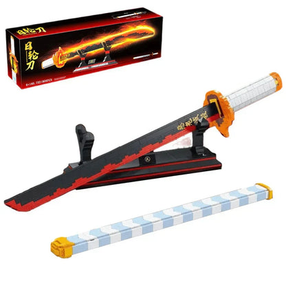 Demon Slayer Nichirin Sword Building Block Set, Rengoku Kyojuro Katana Model with Stand, Anime Samurai Blade Bricks Kit, DIY Assembly Collectible Display Toy Gift for Demon Slayer Fans