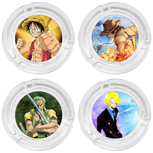 One Piece Anime Glass Ashtray, Luffy Zoro Ace Sanji Round Cigarette Ashtray, Portable Clear Glass Ash Tray with Character Print, Desktop Decor Collectible Gift for One Piece Fans
