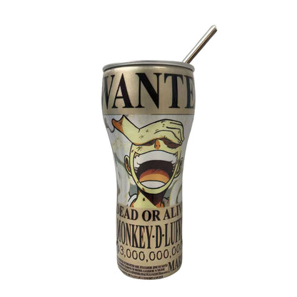 One Piece Anime Tumbler with Straw, Stainless Steel Insulated Travel Cup, Luffy Zoro Nami Wanted Poster Design Coffee Mug, Leak Proof Reusable Water Bottle, One Piece Merch Gift for Anime Fans