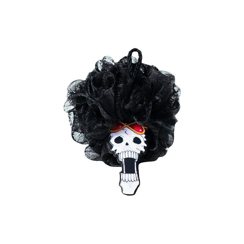 One Piece Brook Bath Sponge, Anime Skeleton Brook Shower Loofah, Black Mesh Bath Ball with Anime Pendant, Cute Body Scrub Pouf for Bathroom, Collectible Gift for One Piece Fans