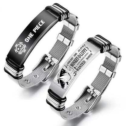 One Piece Monkey D. Luffy Roronoa Zoro Engraved Stainless Steel Mesh Bracelet Adjustable Wristband Anime Wanted Poster Jewelry Gift For Anime Fans