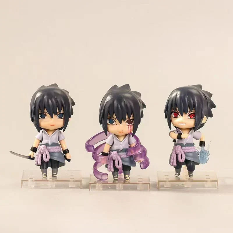 Naruto Uchiha Sasuke Nendoroid Style Figure Set of 3, Q Version Changeable Faces Anime Action Figurine with Weapon & Effect Parts, Collectible Model with Stand, Desktop Ornament Fan Gift