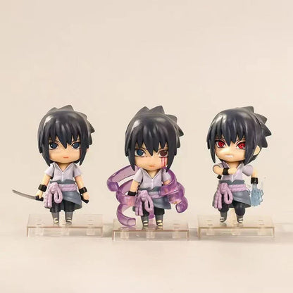 Naruto Uchiha Sasuke Nendoroid Style Figure Set of 3, Q Version Changeable Faces Anime Action Figurine with Weapon & Effect Parts, Collectible Model with Stand, Desktop Ornament Fan Gift