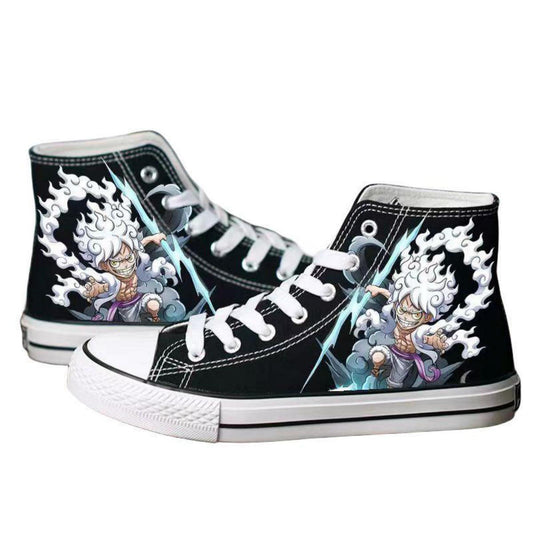 One Piece Luffy Gear 5 Nika Anime High Top Canvas Shoes, Custom Printed Anime Sneakers, Breathable Casual Cosplay Shoes for Men Women, Anime Fan Gift