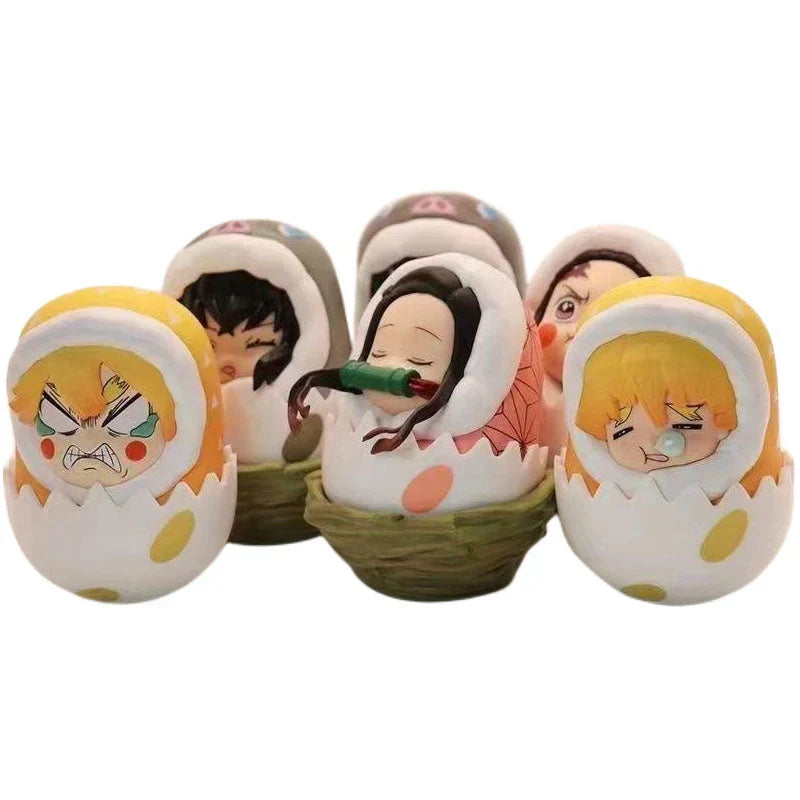 Demon Slayer Eggshell Tumbler Figure, Q Version Tanjiro Nezuko Zenitsu Inosuke Roly-poly Toy, Anime Character Mini Figurine with Nest Base, Desktop Decor Collectible Statue, Demon Slayer Fan Gift