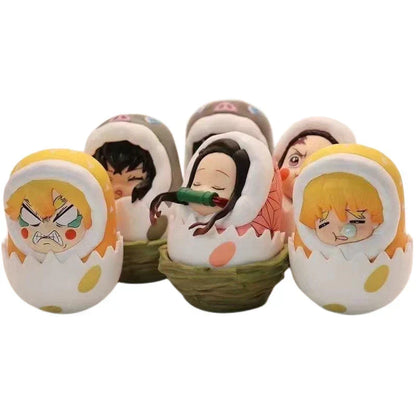 Demon Slayer Eggshell Tumbler Figure, Q Version Tanjiro Nezuko Zenitsu Inosuke Roly-poly Toy, Anime Character Mini Figurine with Nest Base, Desktop Decor Collectible Statue, Demon Slayer Fan Gift