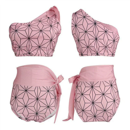 Demon Slayer Nezuko Kamado One Piece Swimsuit, Anime Cosplay One Shoulder Bathing Suit, Pink Geometric Pattern Belted Swimwear for Women, Summer Beach Swimming Costume