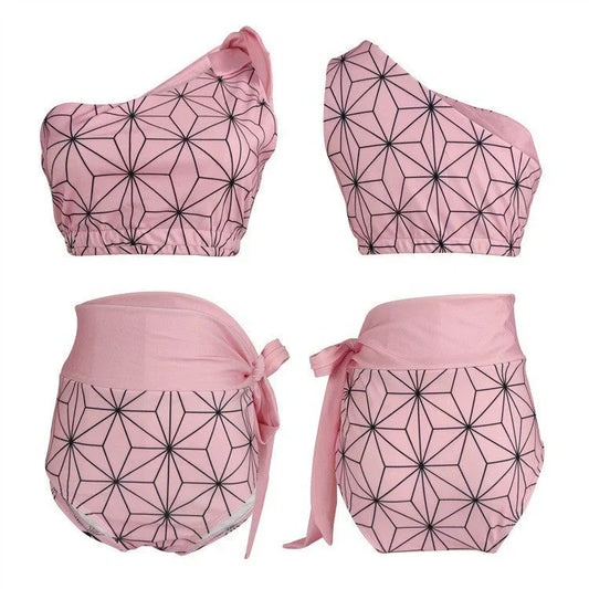 Demon Slayer Nezuko Kamado One Piece Swimsuit, Anime Cosplay One Shoulder Bathing Suit, Pink Geometric Pattern Belted Swimwear for Women, Summer Beach Swimming Costume