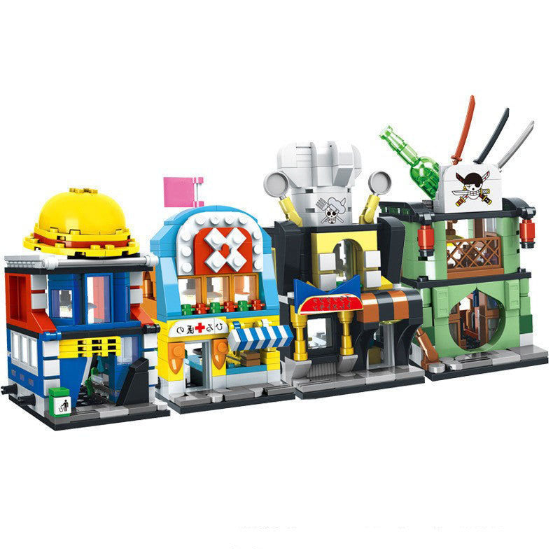 One Piece Street View Building Blocks Set, Anime 4 in 1 Modular Street Shop Model, Interlocking Brick City House Construction Toy, Collectible Display Building Kit, Gift for One Piece Anime Fans & Teenagers