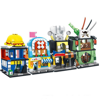One Piece Street View Building Blocks Set, Anime 4 in 1 Modular Street Shop Model, Interlocking Brick City House Construction Toy, Collectible Display Building Kit, Gift for One Piece Anime Fans & Teenagers