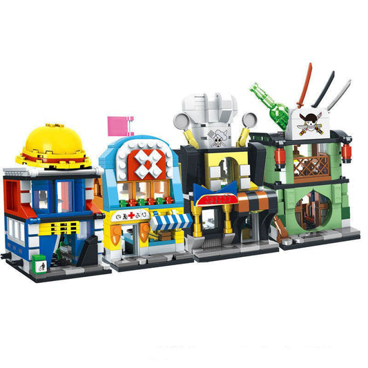 One Piece Street View Building Blocks Set, Anime 4 in 1 Modular Street Shop Model, Interlocking Brick City House Construction Toy, Collectible Display Building Kit, Gift for One Piece Anime Fans & Teenagers
