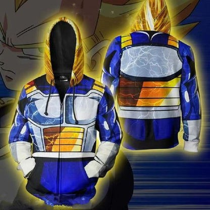 Dragon Ball Z Vegeta Saiyan Armor Cosplay Zip Up Hoodie, DBZ Vegeta Battle Damaged Armor 3D Printed Hooded Sweatshirt Jacket, Anime Dragon Ball Vegeta Costume Hoodie for Fans