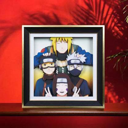 Naruto Minato Team 3D Paper Cut Shadow Box Framed Art, Handmade Layered Papercraft Wall Decor, Minato Kakashi Obito Rin Anime Picture Frame, Anime Fan Room Decor Gift