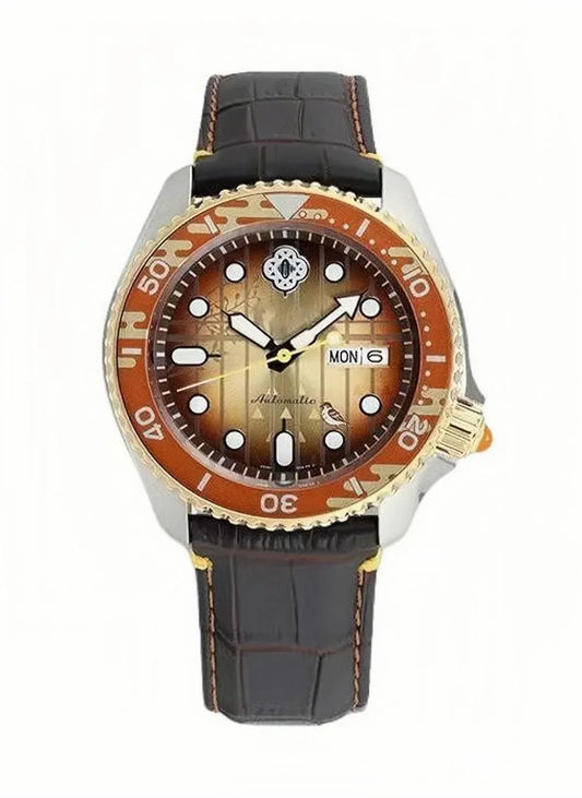 Demon Slayer Zenitsu Agatsuma Wrist Watch, Vintage Diver Style Analog Quartz Watch for Men, Brown Gradient Dial Rotating Bezel Watch, Luminous Hands Date Display Crocodile Texture Leather Strap Watch, Anime Collectible Gift for Demon Slayer Fans
