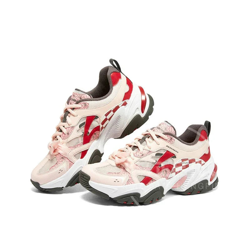 Demon Slayer Nezuko Anime Chunky Sneakers, Pink Red Checkered Unisex Casual Walking Shoes, Kamado Nezuko Themed Streetwear Athletic Footwear, Anime Cosplay Sneaker Gift for Fans