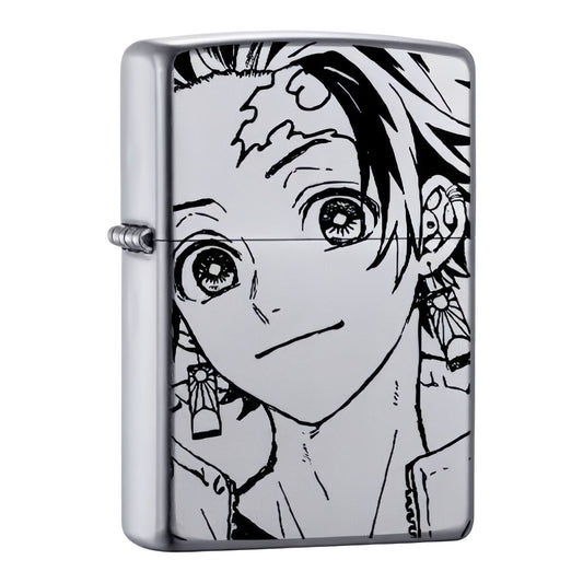 Demon Slayer Tanjiro Kerosene Lighter, Classic Flip Top Metal Windproof Lighter, Anime Manga Line Art Printed Pocket Lighter, Collectible Gift for Demon Slayer Fans