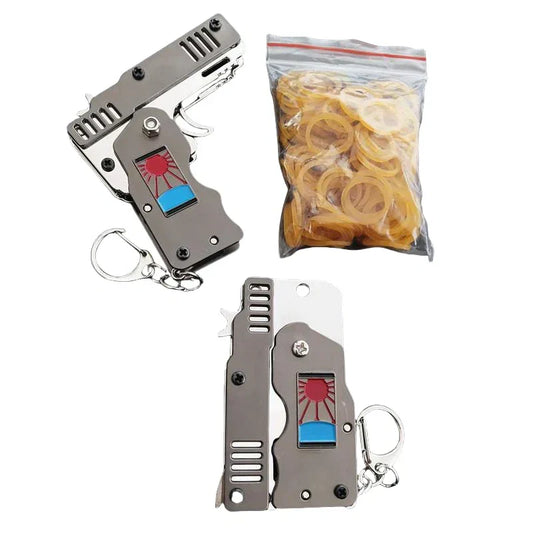 Demon Slayer Folding Rubber Band Gun Keychain Toy, Mini Metal Pocket Rubber Band Shooter, Kamado Tanjiro Themed Rubberband Launcher with Rubber Bands & Target, Novelty Anime Toy Gift for Fans