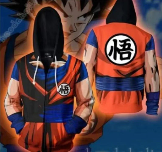 Dragon Ball Z Goku Cosplay Hoodie, 3D Print Zip Up Jacket with Goku Kame Symbol, DBZ Anime Costume Sweatshirt, Casual Anime Hooded Coat for Men Women Anime Fans