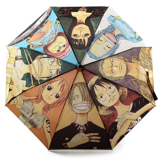 One Piece Anime Folding Umbrella, Straw Hat Crew Luffy Zoro Nami Sanji Compact Portable Travel Umbrella, UV Protection Sun Rain Dual Use Windproof Foldable Umbrella, Anime Merch Gift for One Piece Fans