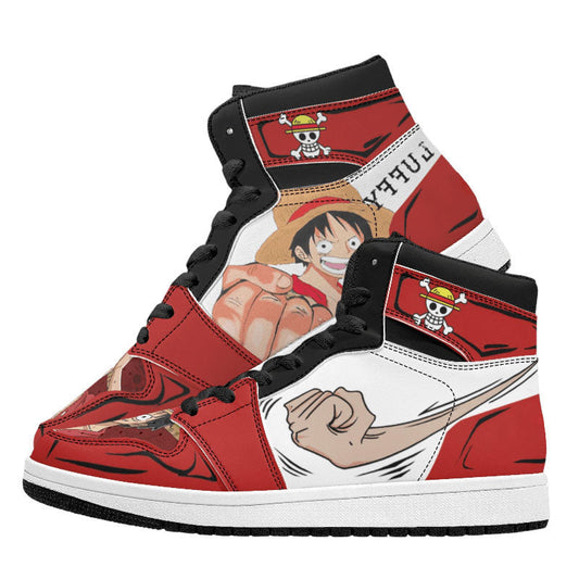 One Piece Monkey D Luffy Anime High Top Sneakers, Classic Red White Luffy Straw Hat Pirate Custom Printed Fashion Casual Shoes, One Piece Anime Streetwear Footwear, Anime Sneaker Gift for One Piece Fans