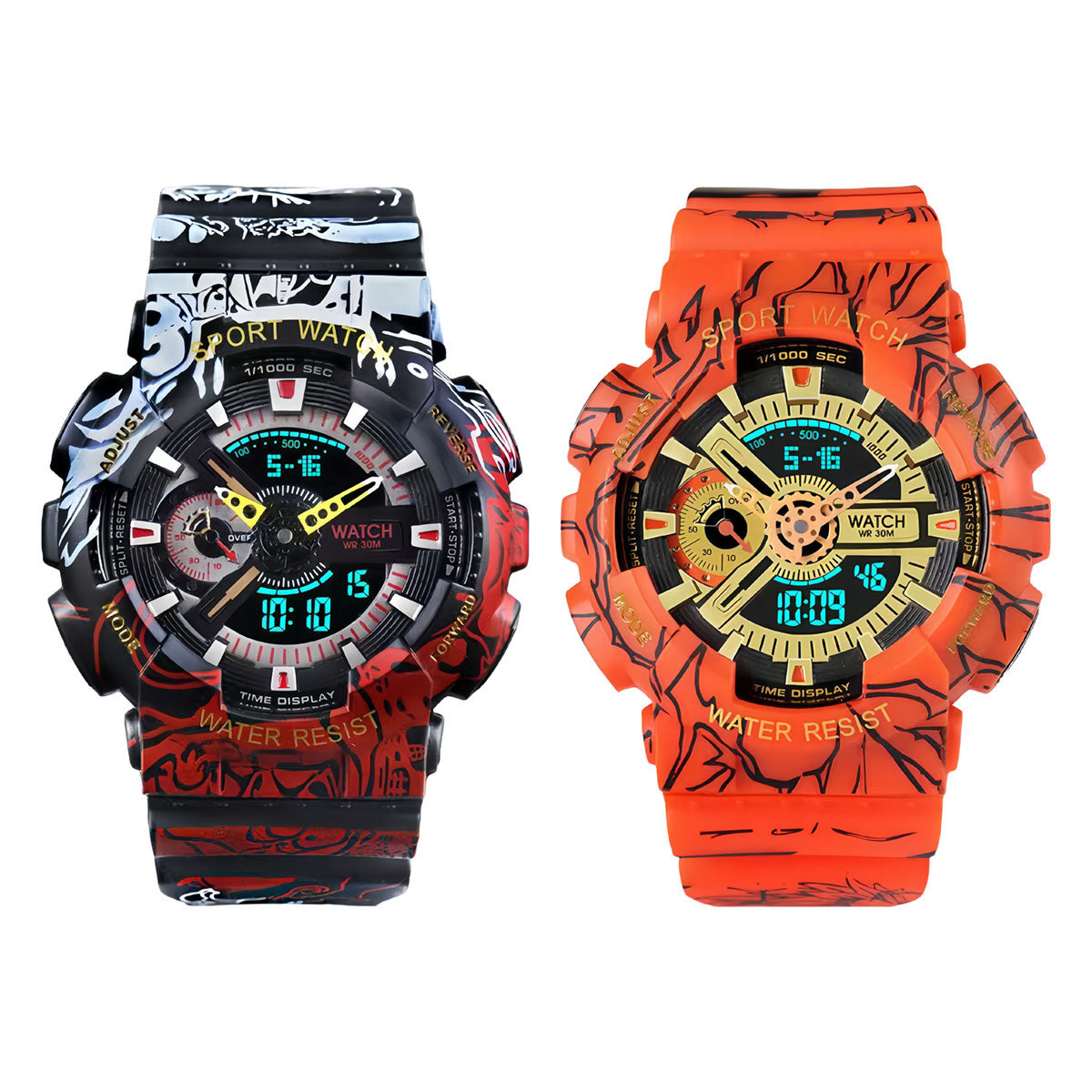 One Piece Luffy & Dragon Ball Anime Sports Watch, Dual Display Analog Digital Wrist Watch, Shock Resistant Waterproof Graffiti Wristwatch, Collectible Anime Merchandise Gift for Teen Boys Anime Fans