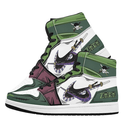 One Piece Roronoa Zoro Anime High Top Sneakers, Green Three Swords Style Custom Printed Fashion Casual Shoes, One Piece Anime Streetwear Footwear, Anime Sneaker Gift for One Piece Fans