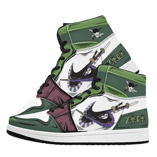 One Piece Roronoa Zoro Anime High Top Sneakers, Green Three Swords Style Custom Printed Fashion Casual Shoes, One Piece Anime Streetwear Footwear, Anime Sneaker Gift for One Piece Fans