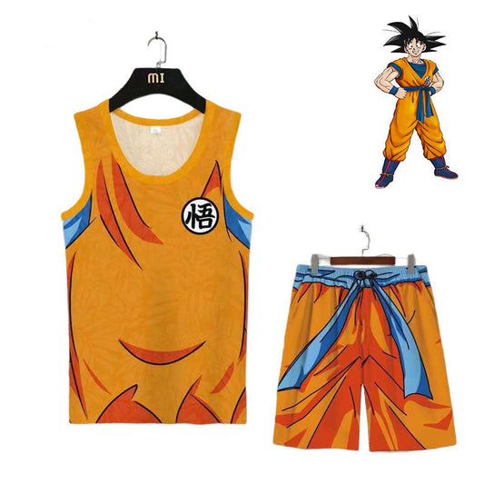 Dragon Ball Goku 2Pcs Outfit Set, Anime Goku Training Sleeveless Tank Top & Shorts, 3D Print Cosplay Loungewear, Casual Summer Workout Athletic Set, Anime Collectible Gift for Dragon Ball Fans
