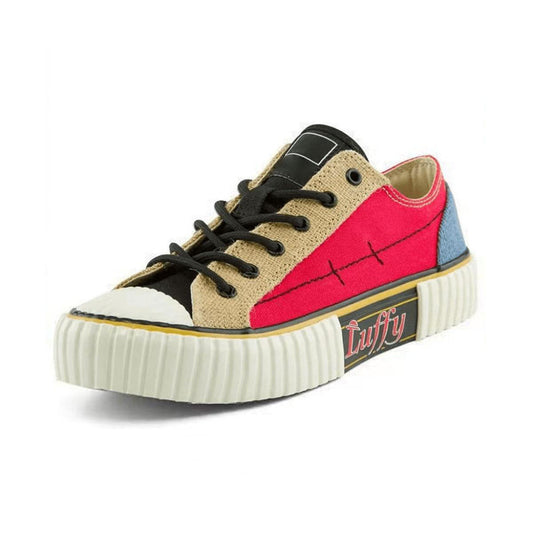 One Piece Luffy Patchwork Low Top Canvas Sneakers, Unisex Lace-Up Cookie Thick Sole Skate Shoes, Color Block Anime Casual Walking Footwear, One Piece Anime Streetwear Sneakers, Anime Fan Collectible Gift