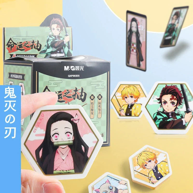 Demon Slayer Kimetsu no Yaiba Hexagonal Eraser with Character Collectible Card, Anime Themed Eraser Set, Cute Stationery for Students, Anime Merch Gift for Demon Slayer Fans