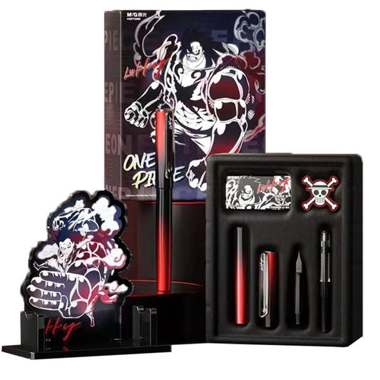 One Piece Luffy Fountain Pen Gift Box Set, Metal Fountain Pen with Extra Nib, Ink Cartridges, Acrylic Stand & Skull Badge, Smooth Writing Pen for Students, Anime Merch Collectible Gift