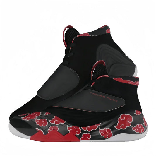 Men High Top Naruto Anime Basketball Shoes, Akatsuki Red Cloud Print Breathable Mesh Non Slip Rubber Outsole Cushioning Athletic Sneakers, Shock Absorption Sports Trainers for Indoor Outdoor Basketball Training Streetball
