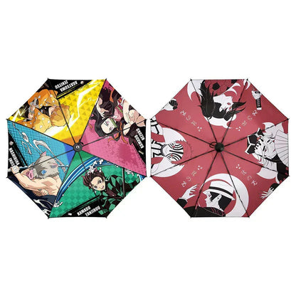 Demon Slayer Anime Folding Umbrella, Tanjiro Nezuko Zenitsu Inosuke Print Portable Compact Travel Umbrella, Sun Rain Protection Windproof Manual Umbrella with Metal Handle, Demon Slayer Fan Merch Gift